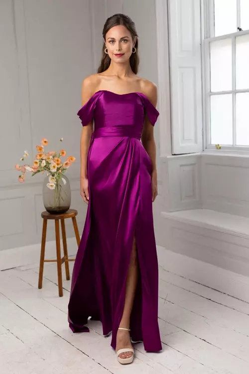 Jenny M498CHAM Elegant Off the Shoulder Charmeuse Dress True